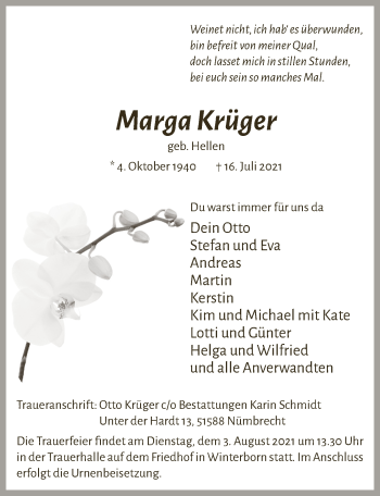 Anzeige von Marga Krüger von  Lokalanzeiger 