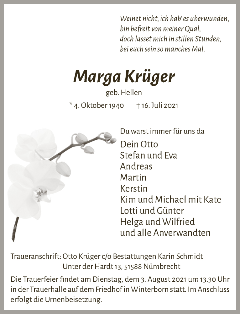  Traueranzeige für Marga Krüger vom 23.07.2021 aus  Lokalanzeiger 