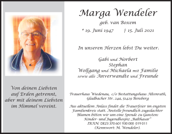 Anzeige von Marga Wendeler von Kölner Stadt-Anzeiger / Kölnische Rundschau / Express