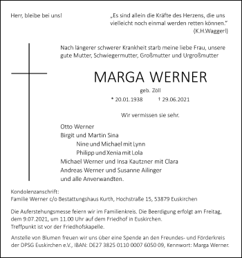 Anzeige von Marga Werner von Kölner Stadt-Anzeiger / Kölnische Rundschau / Express