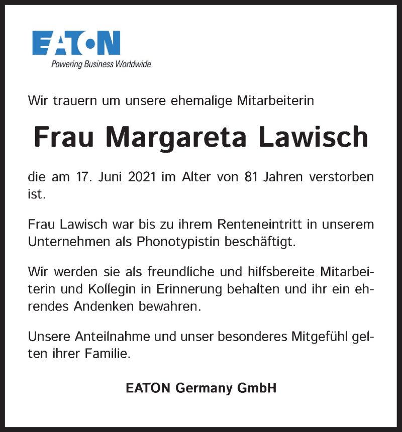  Traueranzeige für Margareta Lawisch vom 03.07.2021 aus Kölner Stadt-Anzeiger / Kölnische Rundschau / Express