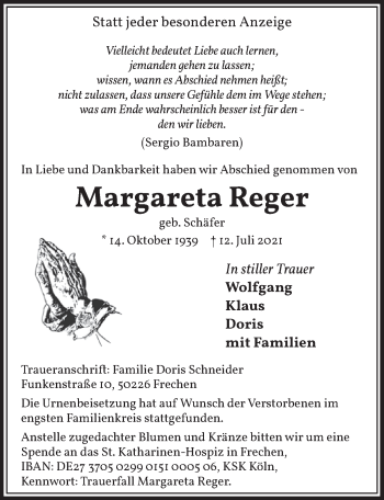 Anzeige von Margareta Reger von  Wochenende 