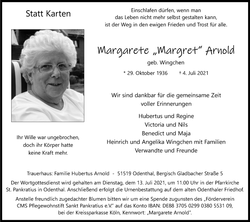  Traueranzeige für Margarete Arnold vom 10.07.2021 aus Kölner Stadt-Anzeiger / Kölnische Rundschau / Express