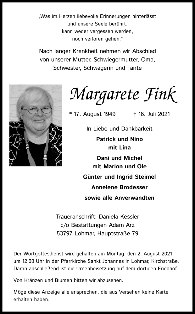  Traueranzeige für Margarete Fink vom 24.07.2021 aus Kölner Stadt-Anzeiger / Kölnische Rundschau / Express