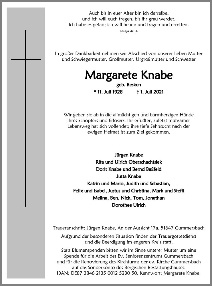  Traueranzeige für Margarete Knabe vom 06.07.2021 aus Kölner Stadt-Anzeiger / Kölnische Rundschau / Express