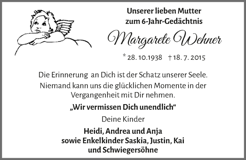  Traueranzeige für Margarete Wehner vom 23.07.2021 aus  Lokale Informationen 