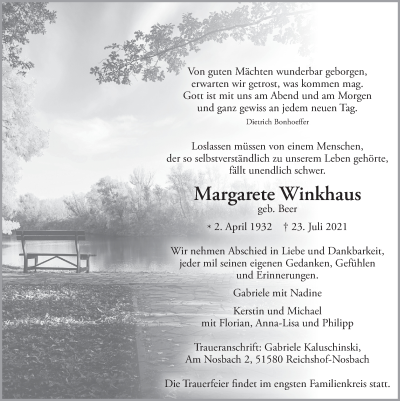  Traueranzeige für Margarete Winkhaus vom 30.07.2021 aus  Anzeigen Echo  Lokalanzeiger 