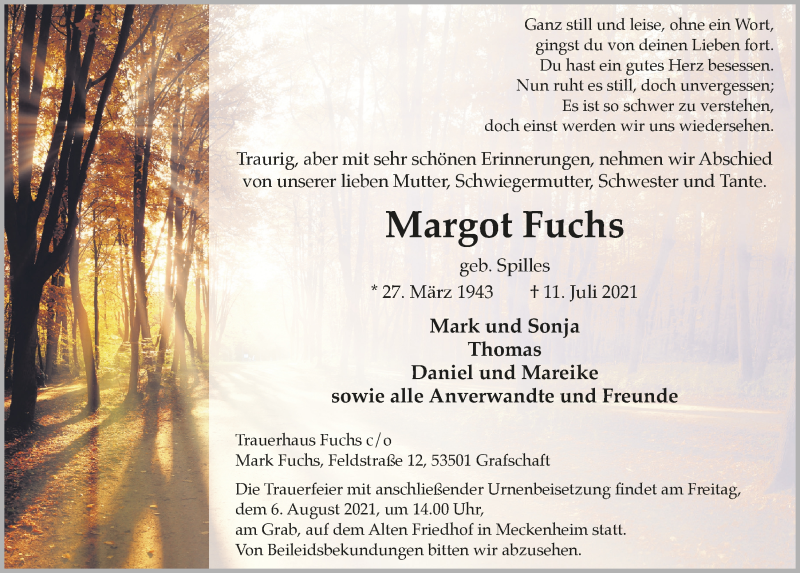  Traueranzeige für Margot Fuchs vom 30.07.2021 aus  Schaufenster/Blickpunkt 