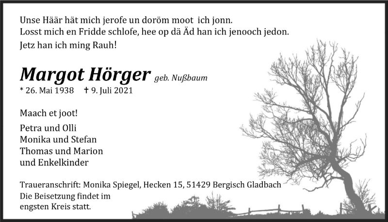  Traueranzeige für Margot Hörger vom 16.07.2021 aus  Bergisches Handelsblatt 