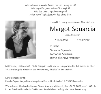 Anzeige von Margot Squarcia von  Blickpunkt Euskirchen 