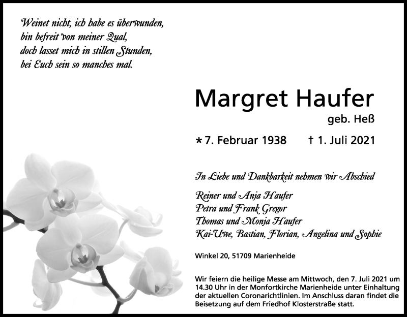  Traueranzeige für Margret Haufer vom 03.07.2021 aus Kölner Stadt-Anzeiger / Kölnische Rundschau / Express