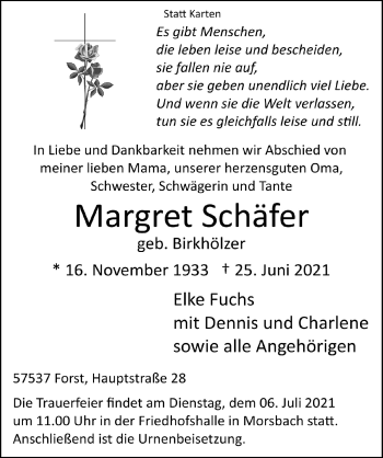 Anzeige von Margret Schäfer von  Lokalanzeiger 