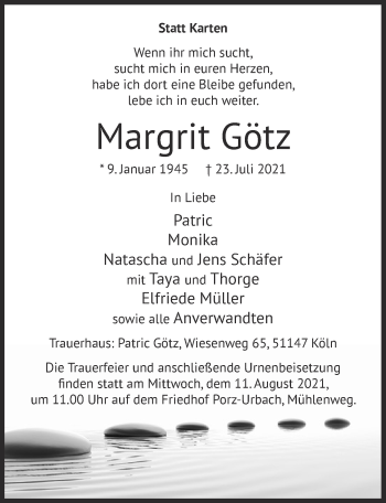 Anzeige von Margrit Götz von  Kölner Wochenspiegel 