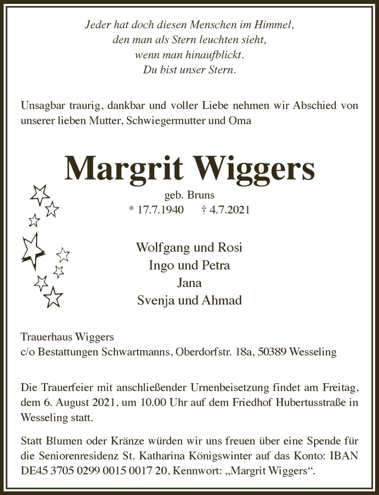  Traueranzeige für Margrit Wiggers vom 30.07.2021 aus  Schlossbote/Werbekurier 