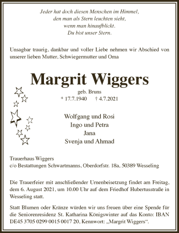 Anzeige von Margrit Wiggers von  Schlossbote/Werbekurier 