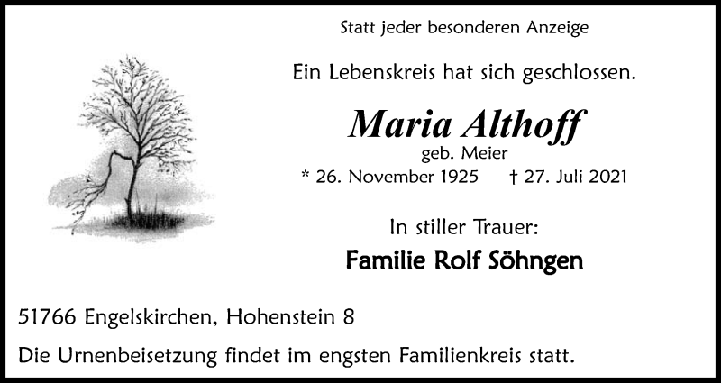  Traueranzeige für Maria Althoff vom 31.07.2021 aus Kölner Stadt-Anzeiger / Kölnische Rundschau / Express