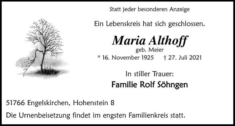  Traueranzeige für Maria Althoff vom 30.07.2021 aus  Anzeigen Echo 