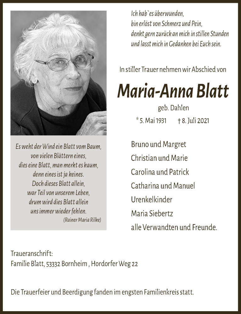  Traueranzeige für Maria-Anna Blatt vom 16.07.2021 aus  Schaufenster/Blickpunkt 