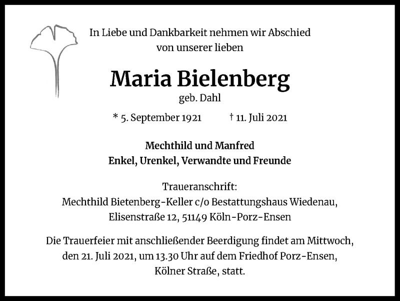  Traueranzeige für Maria Bielenberg vom 16.07.2021 aus Kölner Stadt-Anzeiger / Kölnische Rundschau / Express