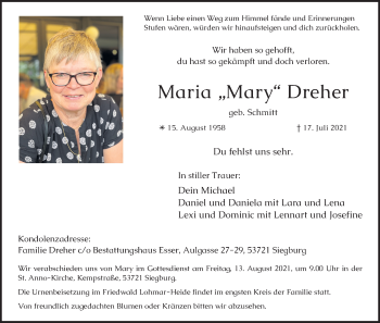 Anzeige von Maria Dreher von Kölner Stadt-Anzeiger / Kölnische Rundschau / Express