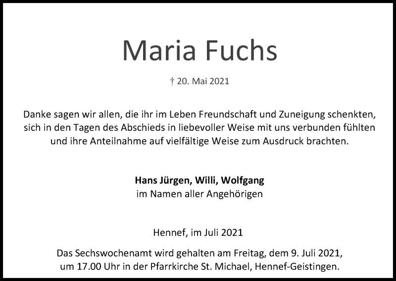  Traueranzeige für Maria Fuchs vom 07.07.2021 aus Kölner Stadt-Anzeiger / Kölnische Rundschau / Express
