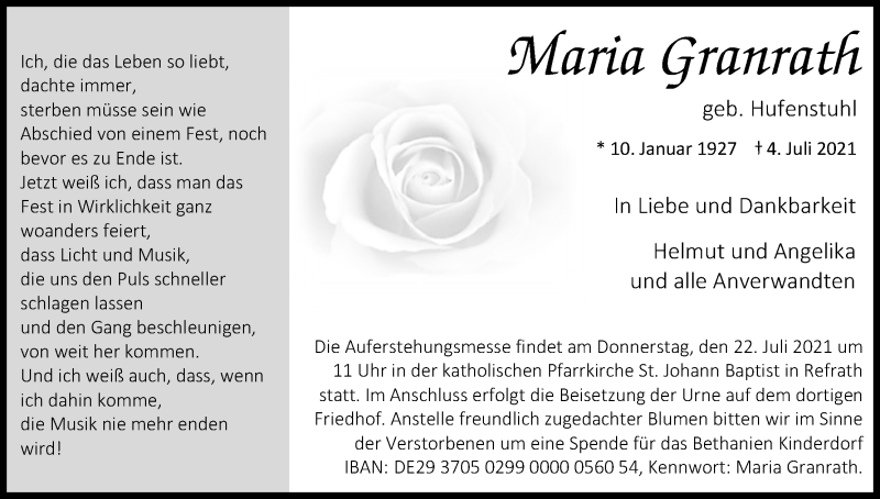  Traueranzeige für Maria Granrath vom 17.07.2021 aus Kölner Stadt-Anzeiger / Kölnische Rundschau / Express