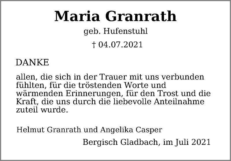  Traueranzeige für Maria Granrath vom 31.07.2021 aus Kölner Stadt-Anzeiger / Kölnische Rundschau / Express
