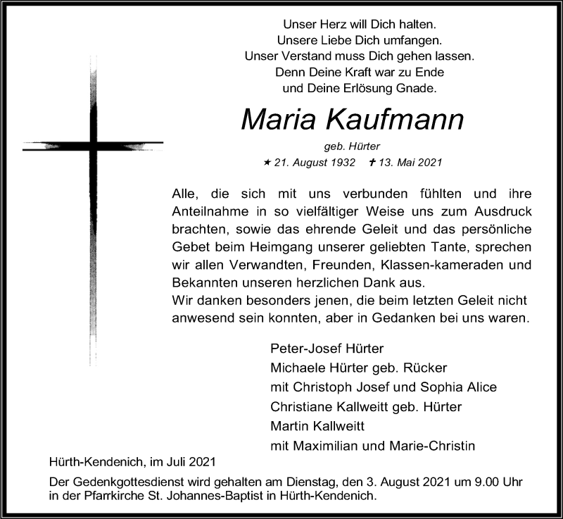  Traueranzeige für Maria Kaufmann vom 31.07.2021 aus Kölner Stadt-Anzeiger / Kölnische Rundschau / Express