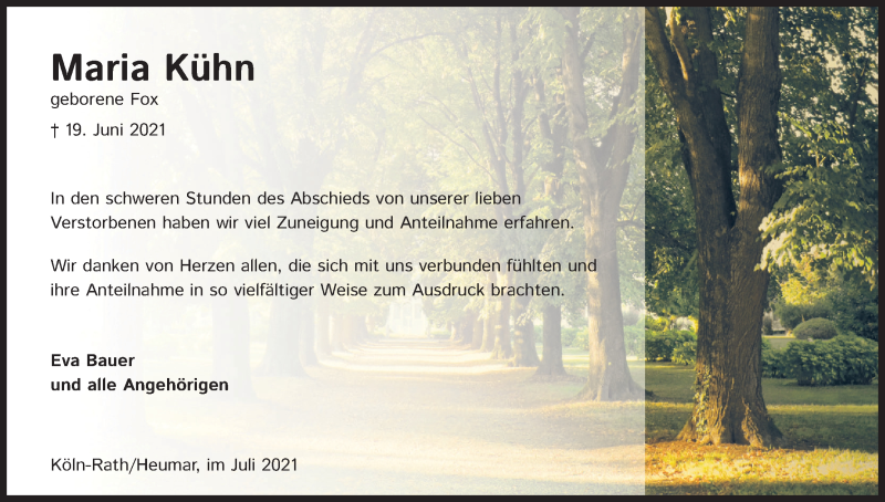  Traueranzeige für Maria Kühn vom 31.07.2021 aus Kölner Stadt-Anzeiger / Kölnische Rundschau / Express