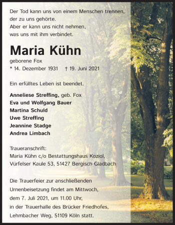 Anzeige von Maria Kühn von Kölner Stadt-Anzeiger / Kölnische Rundschau / Express