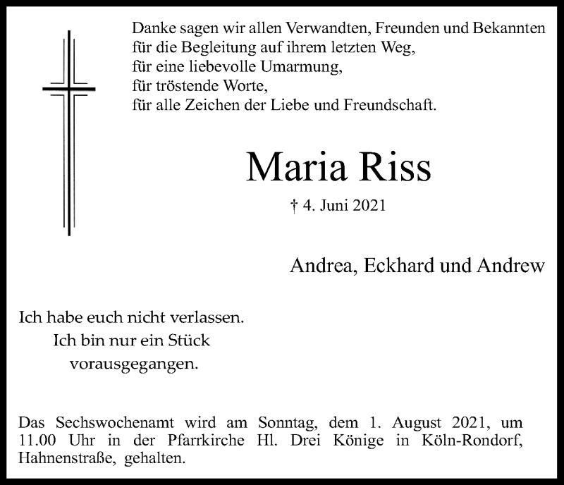  Traueranzeige für Maria Riss vom 24.07.2021 aus Kölner Stadt-Anzeiger / Kölnische Rundschau / Express