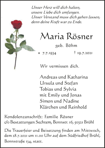 Anzeige von Maria Rösner von  Schlossbote/Werbekurier 
