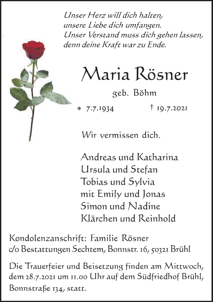  Traueranzeige für Maria Rösner vom 23.07.2021 aus  Schlossbote/Werbekurier 