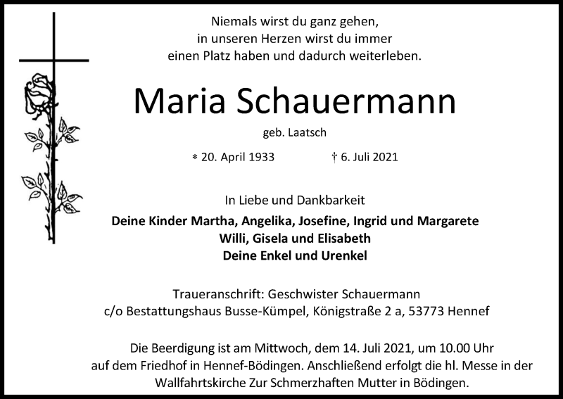  Traueranzeige für Maria Schauermann vom 10.07.2021 aus Kölner Stadt-Anzeiger / Kölnische Rundschau / Express