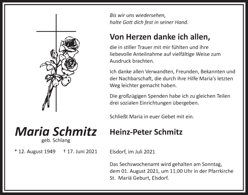  Traueranzeige für Maria Schmitz vom 30.07.2021 aus  Werbepost 