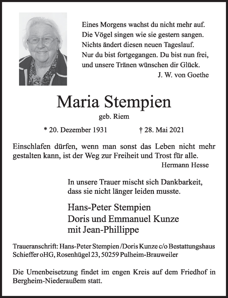  Traueranzeige für Maria Stempien vom 02.07.2021 aus  Werbepost 