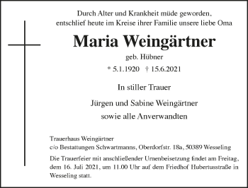 Anzeige von Maria Weingärtner von  Schlossbote/Werbekurier 