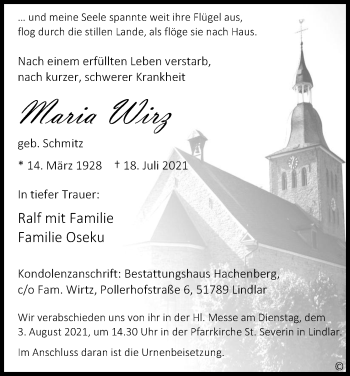 Anzeige von Maria Wirz von Kölner Stadt-Anzeiger / Kölnische Rundschau / Express