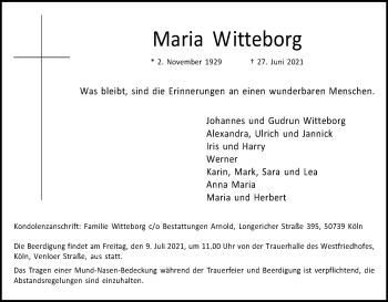 Anzeige von Maria Witteborg von Kölner Stadt-Anzeiger / Kölnische Rundschau / Express