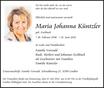 Anzeige von Maria Johanna Küntzter von Kölner Stadt-Anzeiger / Kölnische Rundschau / Express