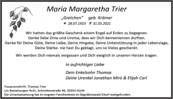 Anzeige von Maria Margaretha Trier von  Wochenende 