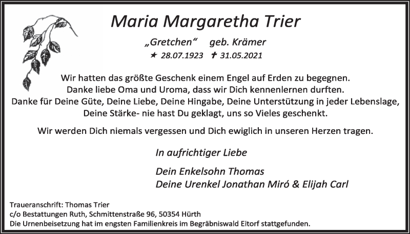  Traueranzeige für Maria Margaretha Trier vom 23.07.2021 aus  Wochenende 