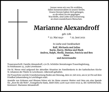 Anzeige von Marianne Alexandroff von Kölner Stadt-Anzeiger / Kölnische Rundschau / Express