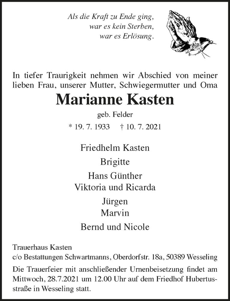  Traueranzeige für Marianne Kasten vom 23.07.2021 aus  Schlossbote/Werbekurier 