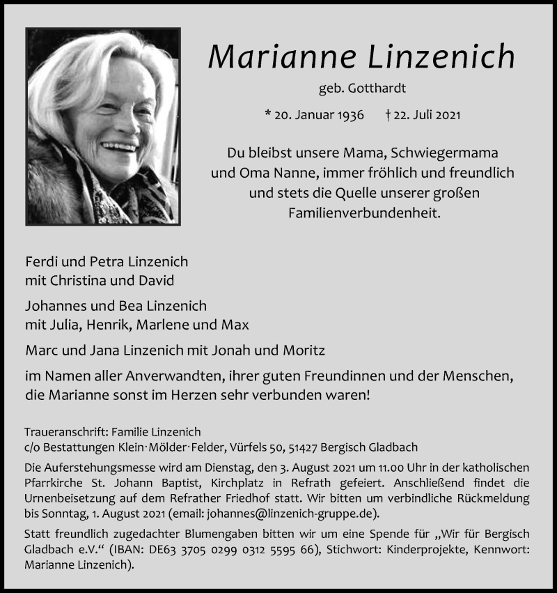  Traueranzeige für Marianne Linzenich vom 28.07.2021 aus Kölner Stadt-Anzeiger / Kölnische Rundschau / Express