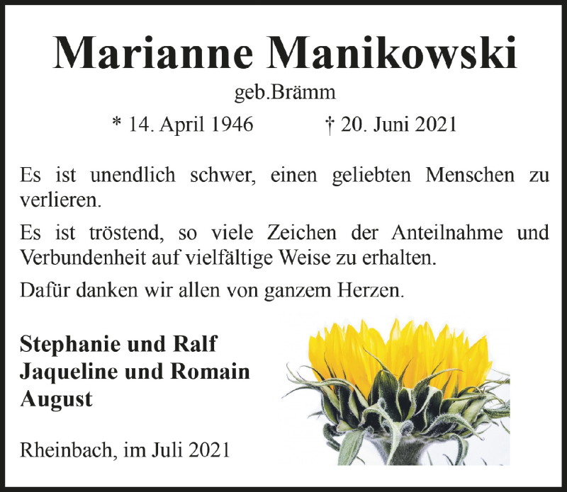  Traueranzeige für Marianne Manikowski vom 16.07.2021 aus  Schaufenster/Blickpunkt 