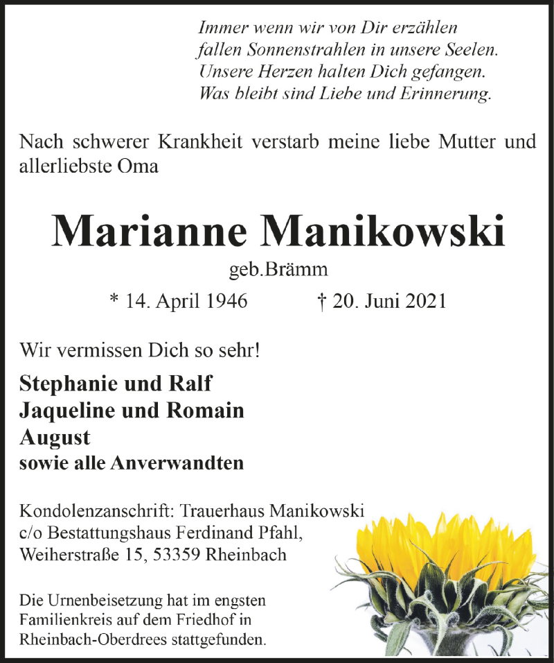  Traueranzeige für Marianne Manikowski vom 02.07.2021 aus  Schaufenster/Blickpunkt 