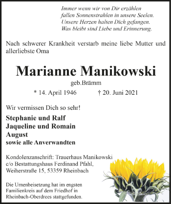 Anzeige von Marianne Manikowski von  Schaufenster/Blickpunkt 