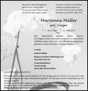 Anzeige von Marianne Müller von Kölner Stadt-Anzeiger / Kölnische Rundschau / Express