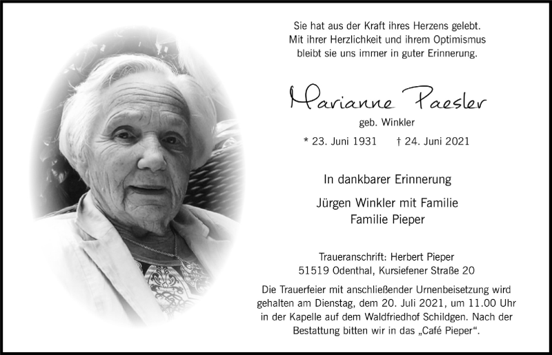  Traueranzeige für Marianne Paesler vom 09.07.2021 aus  Bergisches Handelsblatt 